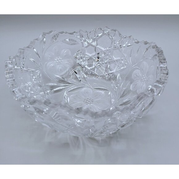 Crystal Serving Fruit Bowl Sawtooth Edge Flowers Hexagons Leaves Pressed Glass - Picture 4 of 8